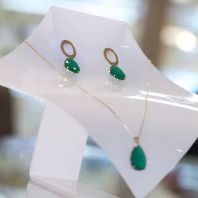 Conjunto Folheado Ouro 18k e Pedra Natural 