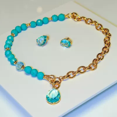 Conjunto Folheado Ouro 18k, Pedra Natural e Cristal 